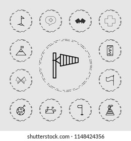 Flag icon. collection of 13 flag outline icons such as wind cone, route and phone, locations. editable flag icons for web and mobile.