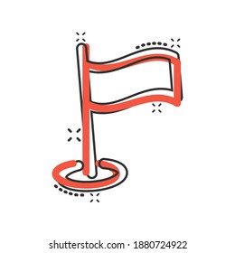 Flag icon in comic style. Pin cartoon vector illustration on white isolated background. Flagpole splash effect business concept.