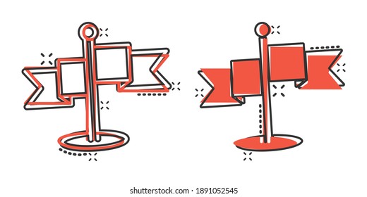 Flag icon in comic style. Pin cartoon vector illustration on white isolated background. Flagpole splash effect business concept.