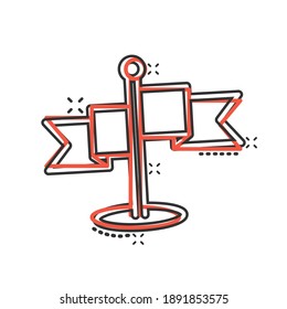 Flag icon in comic style. Pin cartoon vector illustration on white isolated background. Flagpole splash effect business concept.