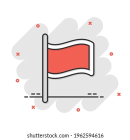Flag icon in comic style. Pin cartoon vector illustration on white isolated background. Flagpole splash effect business concept.