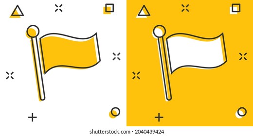 Flag icon in comic style. Pin cartoon vector illustration on white isolated background. Flagpole splash effect business concept.