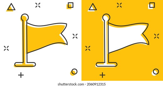 Flag icon in comic style. Pin cartoon vector illustration on white isolated background. Flagpole splash effect business concept.
