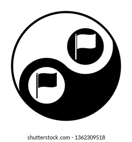 Flag icon illustration. Vector. Black and white icon inside circles of yin and yang symbol at white background.