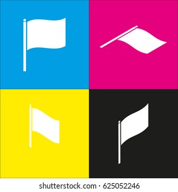 Flag icon illustration. Vector. White icon with isometric projections on cyan, magenta, yellow and black backgrounds.