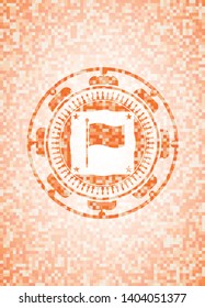 flag icon inside abstract emblem, orange mosaic background