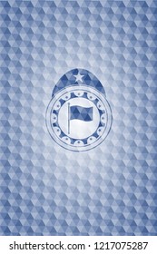 flag icon inside blue emblem or badge with geometric pattern background.