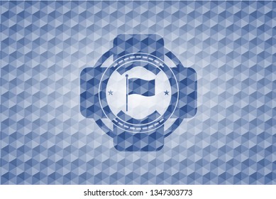 flag icon inside blue emblem or badge with abstract geometric pattern background.