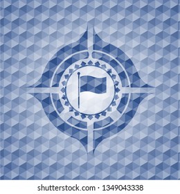 flag icon inside blue emblem with geometric pattern background.
