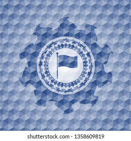 flag icon inside blue emblem with geometric pattern background.