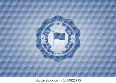 flag icon inside blue emblem with geometric pattern.