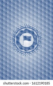 flag icon inside blue emblem or badge with abstract geometric pattern background.