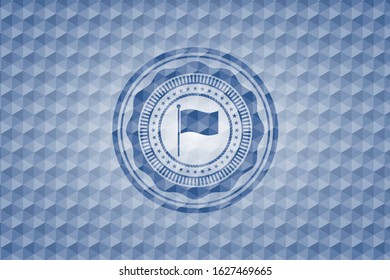 flag icon inside blue emblem with geometric pattern background.