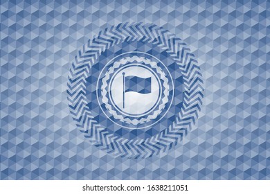 flag icon inside blue emblem or badge with abstract geometric polygonal pattern background.