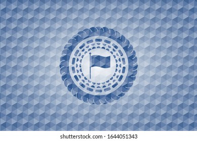 flag icon inside blue emblem with geometric pattern.