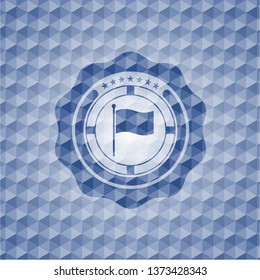 flag icon inside blue hexagon badge.