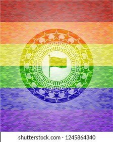 flag icon inside emblem on mosaic background with the colors of the LGBT flag