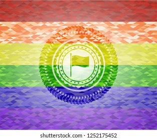 flag icon inside emblem on mosaic background with the colors of the LGBT flag
