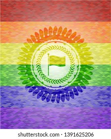 flag icon inside emblem on mosaic background with the colors of the LGBT flag