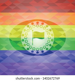 flag icon inside emblem on mosaic background with the colors of the LGBT flag
