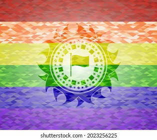 flag icon inside emblem on mosaic background with the colors of the LGBT flag. 