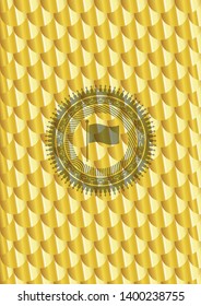 flag icon inside gold emblem or badge. Scales pattern. Vector Illustration. Detailed.