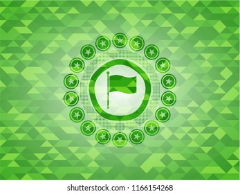 flag icon inside green emblem with mosaic ecological style background