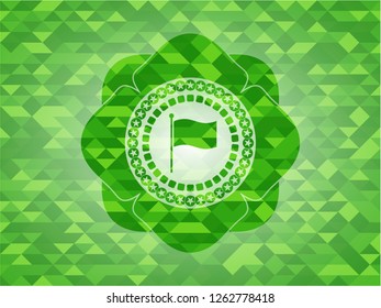 flag icon inside green emblem with triangle mosaic background