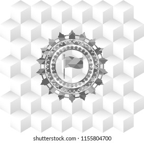 flag icon inside grey badge with geometric cube white background