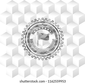 flag icon inside grey emblem with geometric cube white background