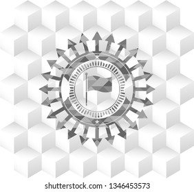 flag icon inside grey emblem. Retro with geometric cube white background