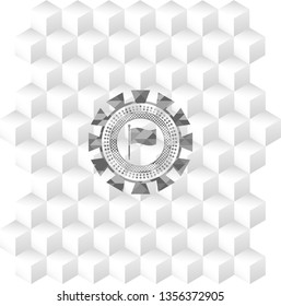 flag icon inside grey emblem with geometric cube white background