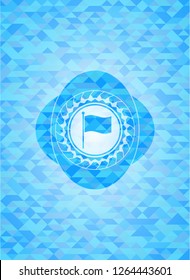 flag icon inside realistic sky blue emblem. Mosaic background