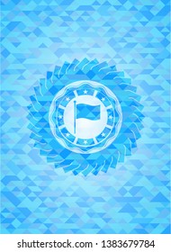 flag icon inside realistic sky blue emblem. Mosaic background
