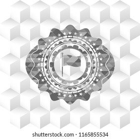 flag icon inside retro style grey emblem with geometric cube white background