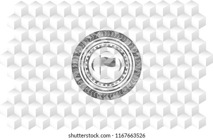 flag icon inside retro style grey emblem with geometric cube white background