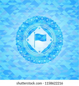 flag icon inside sky blue emblem with triangle mosaic background