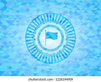 flag icon inside sky blue emblem with mosaic ecological style background