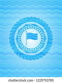 flag icon inside sky blue water wave emblem.