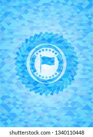 flag icon inside sky blue emblem with mosaic background