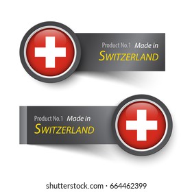 Flag icon and label with text made in Switzerland .