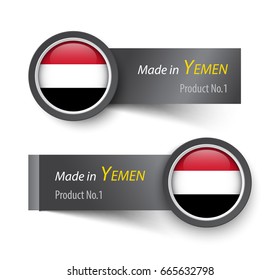 Flag icon and label with text made in Yemen .