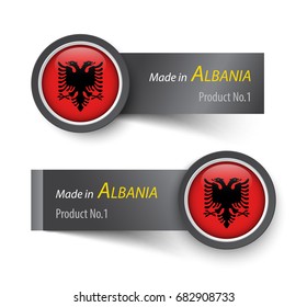 Flag icon and label with text made in Albania .