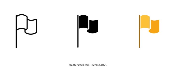 A flag icon on a pole. The flag has a rectangular shape and two color options: red and blue. Vector set of icons in line, black and colorful styles isolated.