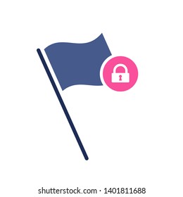 Flag icon with padlock sign. Location marker icon and security, protection, privacy symbol 