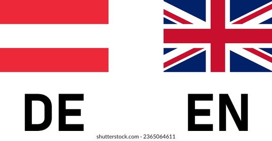 Flag Icon Pair including Austria and UK United Kingdom Flags for German and English Language Selection Symbol Button. Vector Image.
