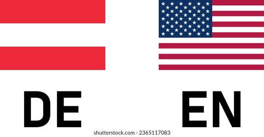 Flag Icon Pair including Austria and USA United States of America Flags for German and English Language Selection Symbol Button. Vector Image.