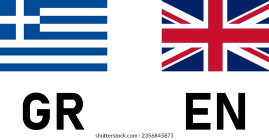 Flag Icon Pair including Greece and UK United Kingdom Flags for Greek and English Language Selection Symbol Button. Vector Image.