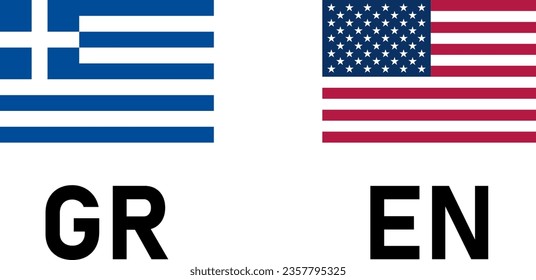 Flag Icon Pair including Greece and USA United States of America Flags for Greek and English Language Selection Symbol Button. Vector Image.