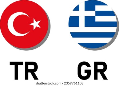 Par de iconos de la bandera que incluye las marcas Turquía y Grecia para el botón de símbolo de selección de idioma turco y griego con efecto de sombra. Imagen vectorial.